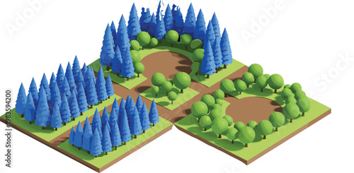 Isometric Illustration of a Forest and Greenery Landscape with Trees and Trails for Nature, Park Design, and Environmental Planning Projects