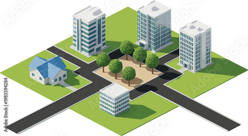 Isometric Illustration of a City Intersection with Modern Buildings, Residential House, Trees, and Roads for Urban, City Planning, and Architectural Designs