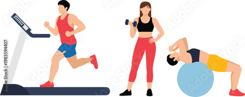 Fitness workout illustration set, running lifting and exercise training, healthy lifestyle vector design concept