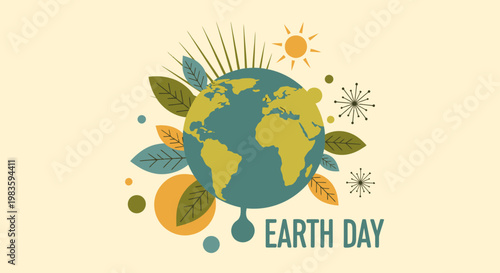 Earth Day illustration with globe and leaves.