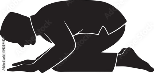 Silhouette of a muslim man in a kneeling position performing the sujud ritual during islamic prayer isolated on white back