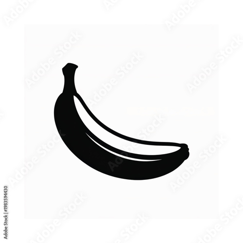 A simple black silhouette of a curved banana on a white background