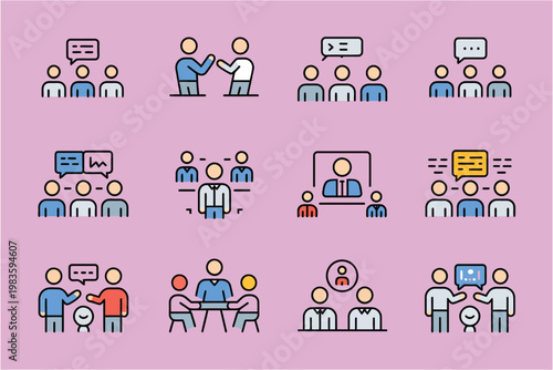 Business meeting and corporate communication icons set representing teamwork negotiation strategy and office workplace interaction flat graphics