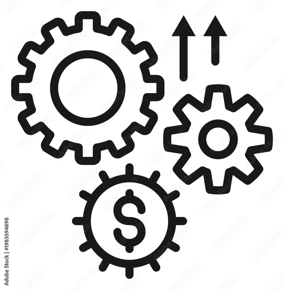 Obraz premium Business growth and financial efficiency vector icon illustration featuring three interlocking gears with a dollar sign and upward arrows representing economic progress and profit optimization.