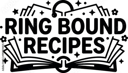 Black and white ring bound recipes open book vector art with decorative stars and flowers