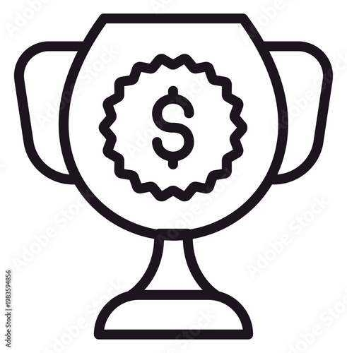 Canvastavla Black line art vector icon of a trophy cup award featuring a dollar sign symbol inside a seal, representing financial success, monetary prize, business achievement, and wealth recognition