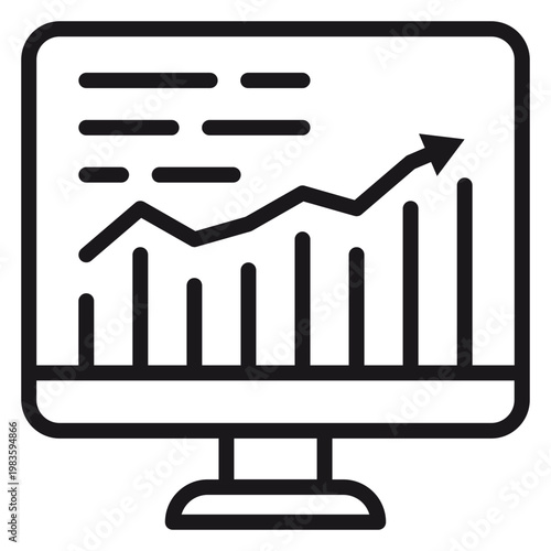Fotografia Black vector icon illustration of a computer monitor displaying a financial growth chart with a rising bar graph and an upward-pointing arrow, symbolizing business success and data analysis