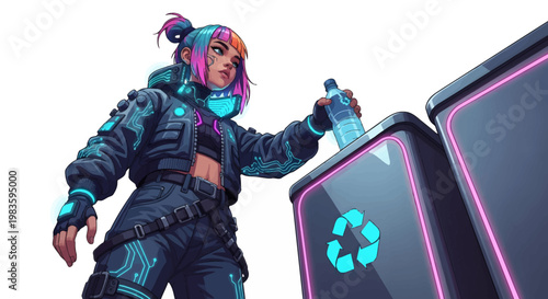 Woman in futuristic outfit recycling plastic bottle.