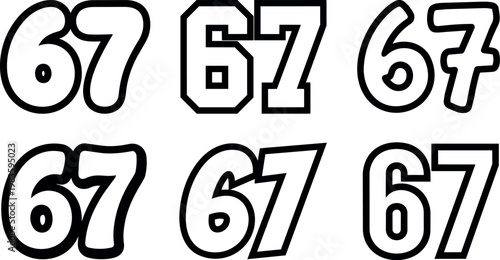 Six black outlined number sixty seven variations in different styles vector art