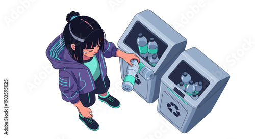 a girl putting a plastic bottle into a recycling bin.