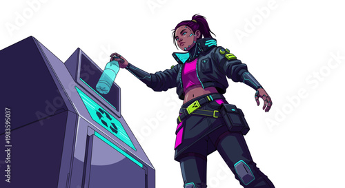 Woman in futuristic outfit holding neon-lit cylinder.
