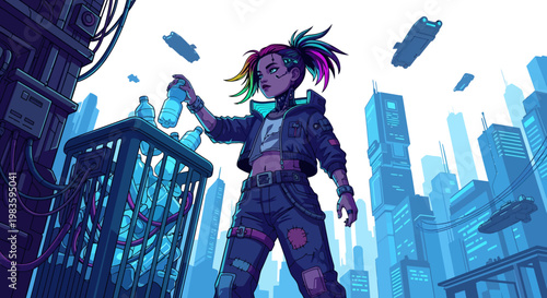 A young woman with colorful hair standing in a futuristic cityscape holding a bottle.