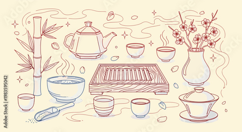 Minimalist Japanese Zen Tea Ceremony Elements Featuring Bamboo Teapot Cherry Blossoms And Traditional Ceramic Cups On Wooden Tray Line Art vector illustration set