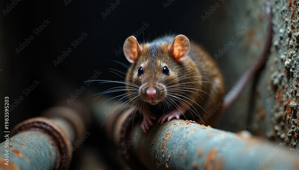 © Maryna - Brown rodent sits on rusty metal pipe in dark basement corner. Small animal with whiskers and pink nose looks at camera. Dirty concrete wall texture and plumbing visible.
