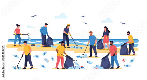 A dedicated group of diverse volunteers works together to collect discarded plastic bottles and trash from a sunny beach under a bright blue sky vista.