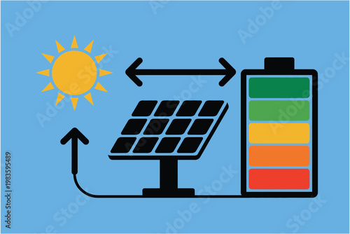 Solar panel battery storage icon representing renewable energy concept for sustainable power solutions with charging symbol flat graphic design