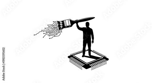 A man on a microchip holding a burning paintbrush.