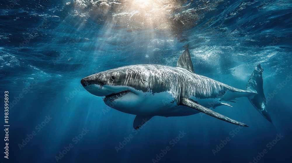 Fototapeta premium Massive Great White Shark swimming near the surface in sunlit blue water