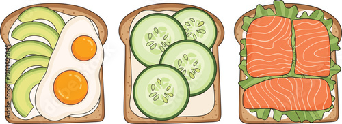 Toast sandwiches set with avocado egg cucumber salmon vector illustration breakfast food collection tasty design