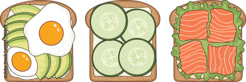Toast sandwiches set with avocado egg cucumber salmon vector illustration breakfast food collection tasty design elements