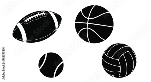 Black silhouettes of a football basketball tennis ball and volleyball