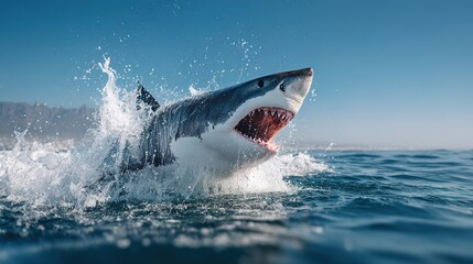 Great white shark leaping out of the water with open jaws