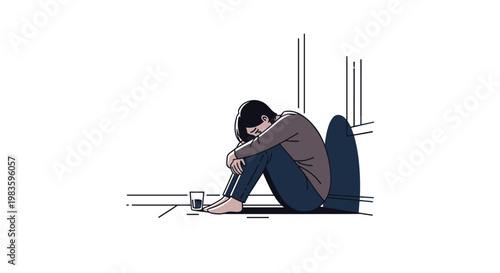 A solitary figure sits in a despondent posture against a stark white wall while a long dark shadow stretches across the minimalist interior floor space.