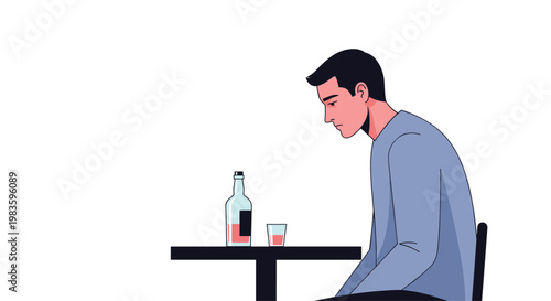 A somber man sits at a dark table staring down at a glass and a bottle of amber liquid against a clean white background in a minimalist room setting.