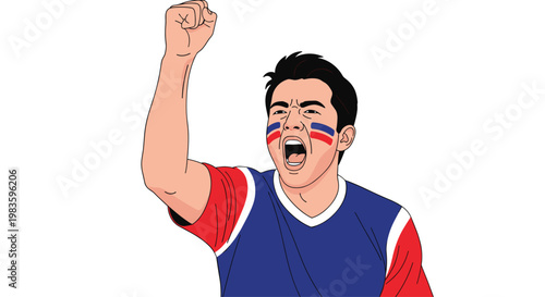 A passionate sports fan with red and blue face paint shouts enthusiastically while raising a clenched fist in a triumphant gesture of victory against white.