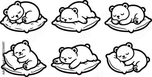 Six cute sleeping bears on soft pillows