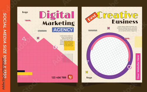 Digital business marketing banner for social media post template with retro style