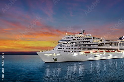 Luxury cruise ship sailing to port on sunrise 