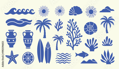 Tropical Summer Beach Elements Collection Featuring Palm Trees Seashells Waves Surfboards Corals Sun Symbols And Mediterranean Amphora Decorative Blue Vector Illustration Set
