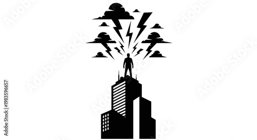 Man standing on a city skyscraper with creative ideas.