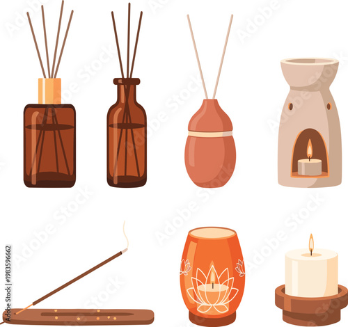 Aromatherapy set with diffuser incense candle vector illustration relaxation spa wellness fragrance collection design elements