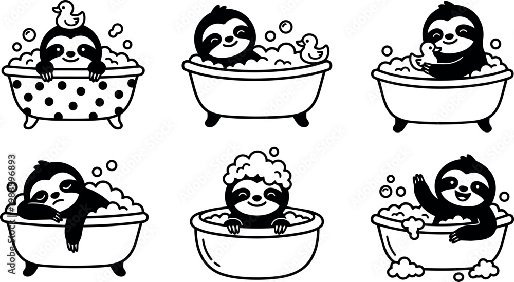 Fototapeta premium Black and white line art cute sloth bathing with bubbles and rubber duck
