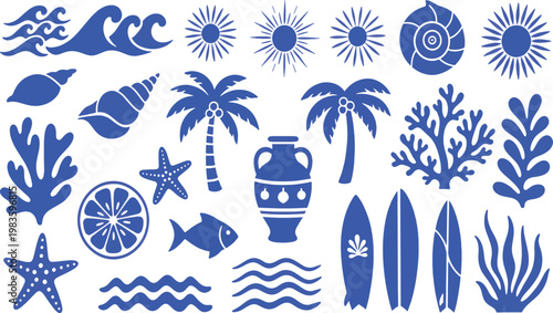 Tropical Summer Beach Elements Collection Featuring Ocean Waves Palm Trees Sea Shells Surfboards Sun And Coral Reef Blue Icon Vector Illustration Set