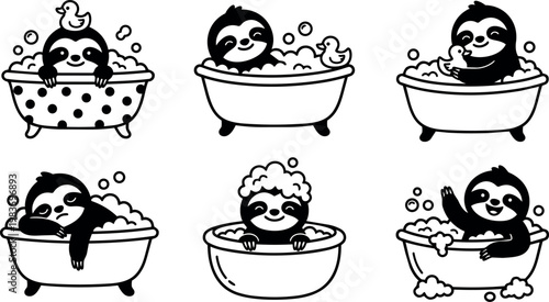 Black and white line art cute sloth bathing with bubbles and rubber duck