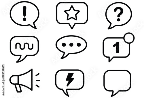 Communication bubbles silhouette icon set, featuring chat message notification question and announcement symbols for social media interaction, messaging apps