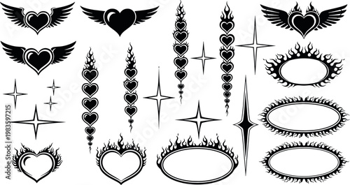 Black and white Y2K style aesthetic heart icons with wings flames and sparkling star elements for creative graphic design vector illustration set
