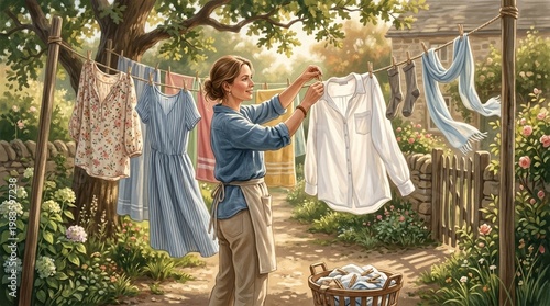 A person adjusting freshly washed clothes on a line with wind softly lifting fabrics and sunlight creating soft highlights and