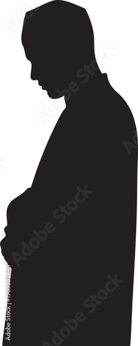 Silhouette of a muslim man standing in prayer wearing a traditional kufi cap and robe isolated on a plain white background