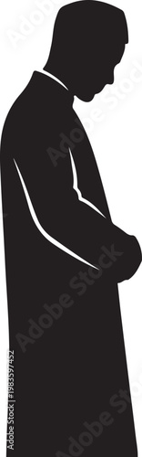Silhouette of a muslim man standing in prayer with head bowed down in humble devotion and deep spiritual reflection isolated