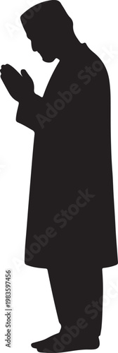 Silhouette of a muslim man standing in prayer with hands raised in supplication islamic religious devotion and humility