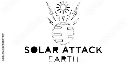 Solar Attack Illustration Featuring a Stylized Earth Impacted by Intense Sun Rays and Lightning Bolts Representing a Geomagnetic Storm, Solar Flare, or Global Warming Climate Change Concept.