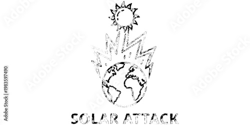Solar Attack Illustration Featuring a Stylized Earth Impacted by Intense Sun Rays and Lightning Bolts Representing a Geomagnetic Storm, Solar Flare, or Global Warming Climate Change Concept.