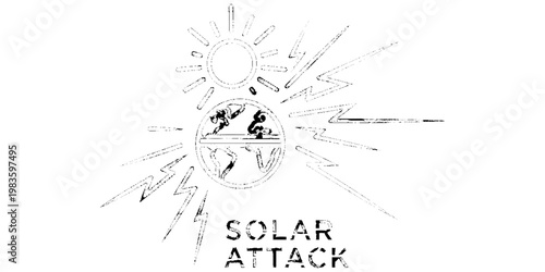 Solar Attack Illustration Featuring a Stylized Earth Impacted by Intense Sun Rays and Lightning Bolts Representing a Geomagnetic Storm, Solar Flare, or Global Warming Climate Change Concept.