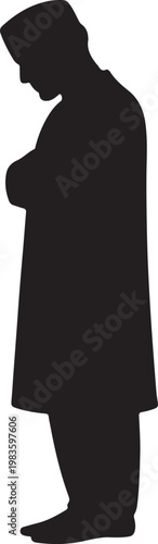Silhouette of a muslim man standing with arms folded across chest in prayer islamic religious practice and meditation