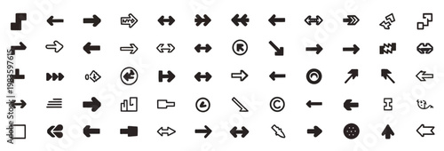 Diverse collection of black and white arrow icons and symbols for navigation, vector set.