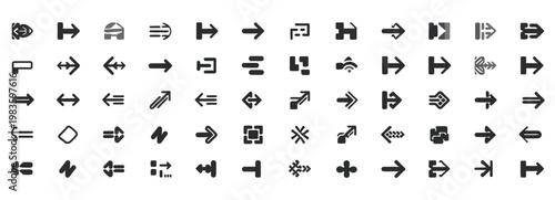Assortment of solid black arrow icons and symbols on a white background, vector collection.